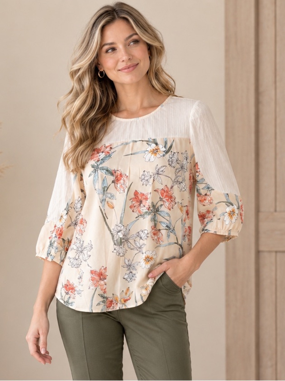 Ganji Floral Print Ivory Blouse - NWT